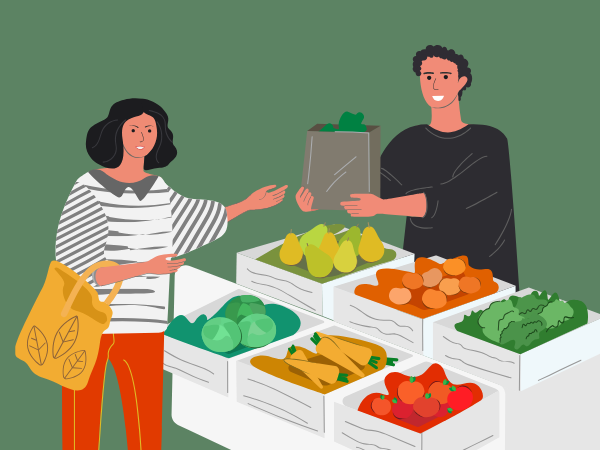 Artwork of person buying produce from farmer's market