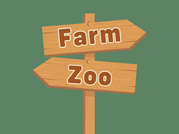 Artwork of directional sign; left for Zoo, right for Farm