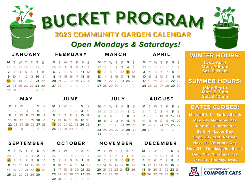 Calendar with schedule for the Compost Cats' Bucket Program