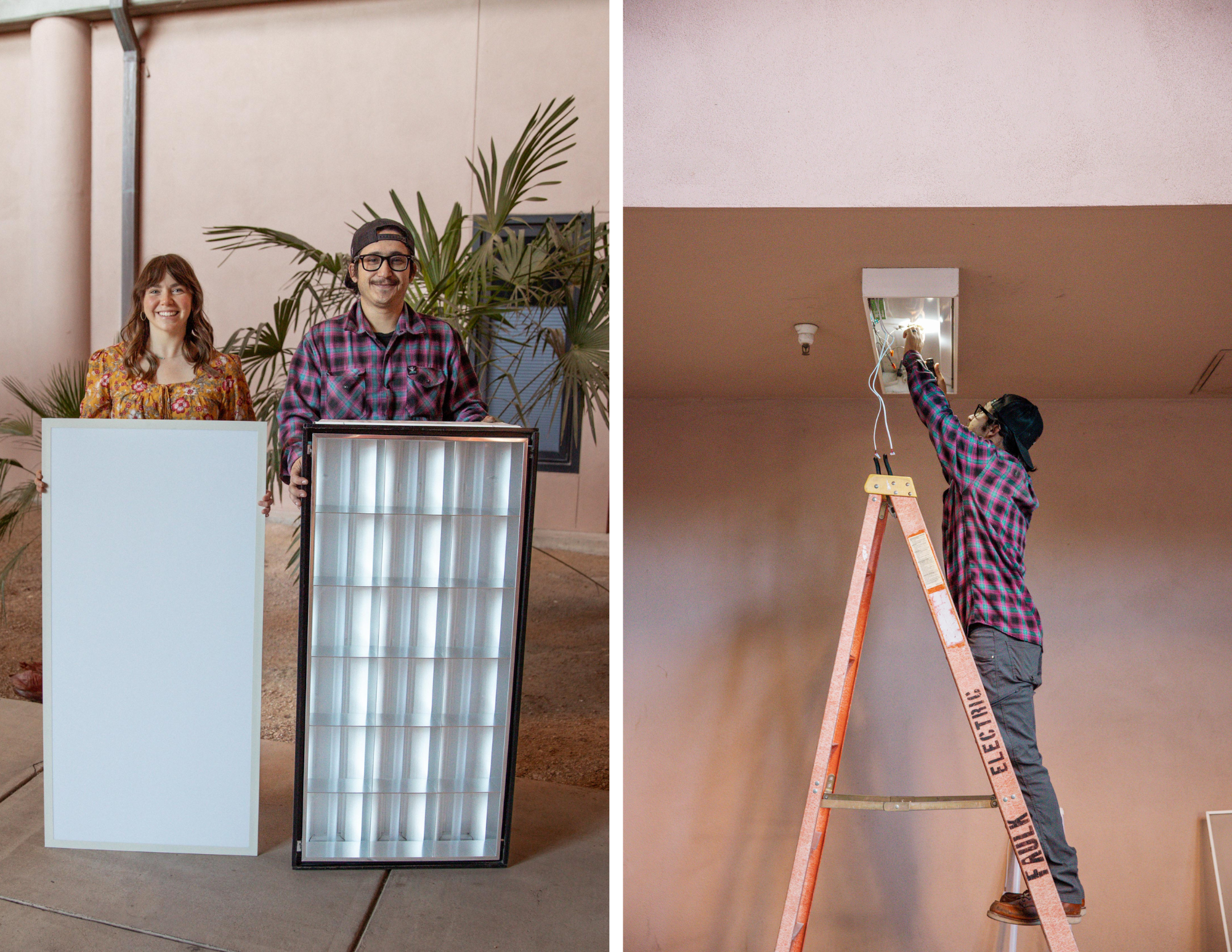Photo on left: a man and a woman stand together holding the new lighting fixtures. Photo on right: a man stands on a ladder and installs a lighting fixture.