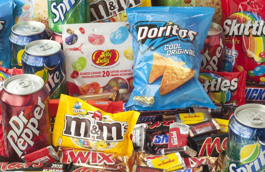 Image of popular junk foods, soft drinks and candy