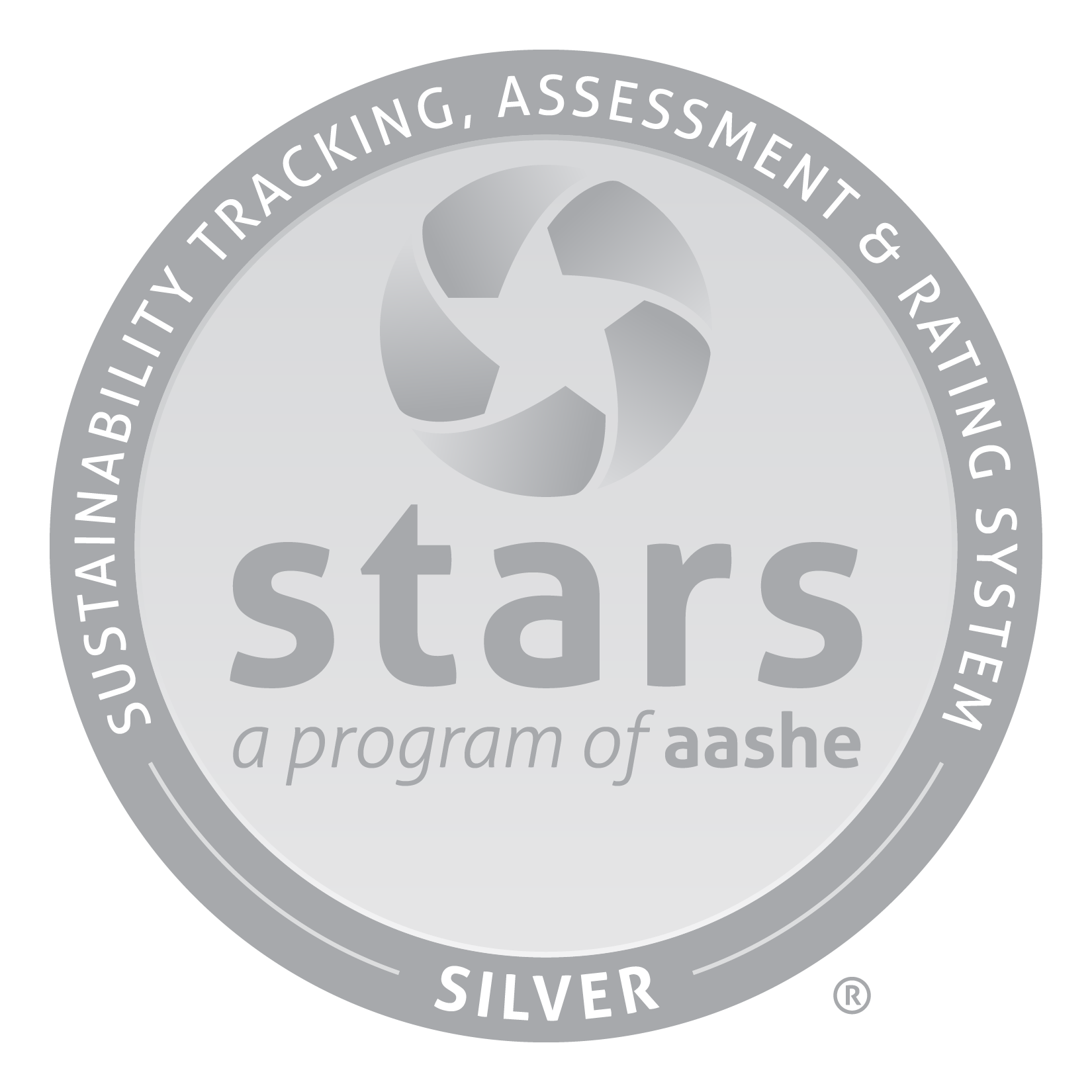 Silver STARS seal from AASHE, indicating a sustainability rating of Silver in the Sustainability Tracking, Assessment & Rating System.