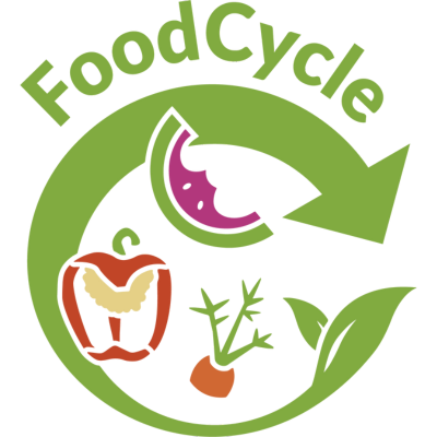FoodCycle logo consisting of green arrow in the shape of a circle with fruit and vegetable scraps in the middle