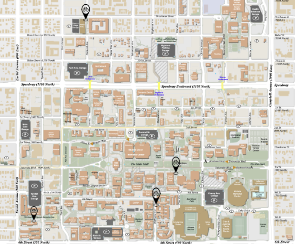 A map of where the bike stations are located on campus. The new locations are outside of the Honors Village, the Main Library, Coronado Dorm, and Likins Dorm.