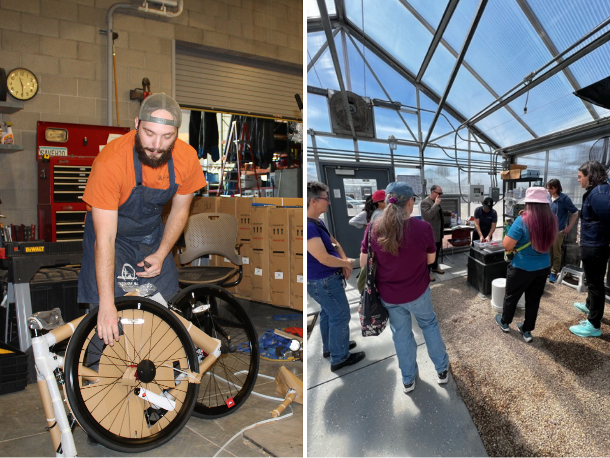 two photos, on the left a man assembles a bicycle, on the right a group of people gather around a table in a greenhouse and listen to a man presenting