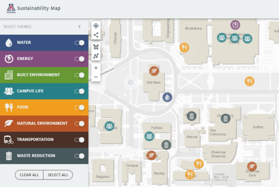 A map of campus with icons at the locations of sustainability features