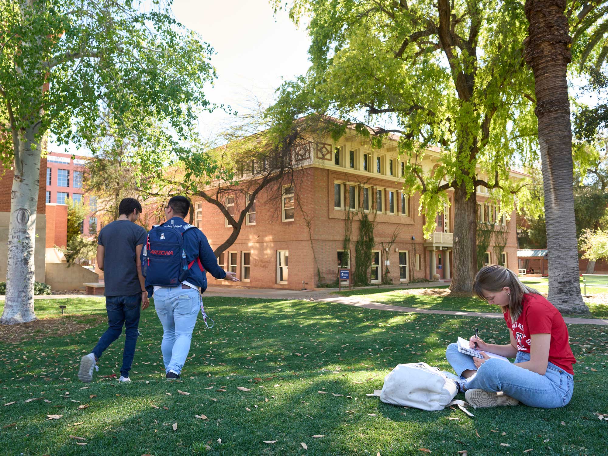 Students enjoy the shade of large, leafy trees on a green lawn in front of a historic brick building, with two walking and chatting while another sits under a tree, focused on writing in a notebook as sunlight filters through the branches.