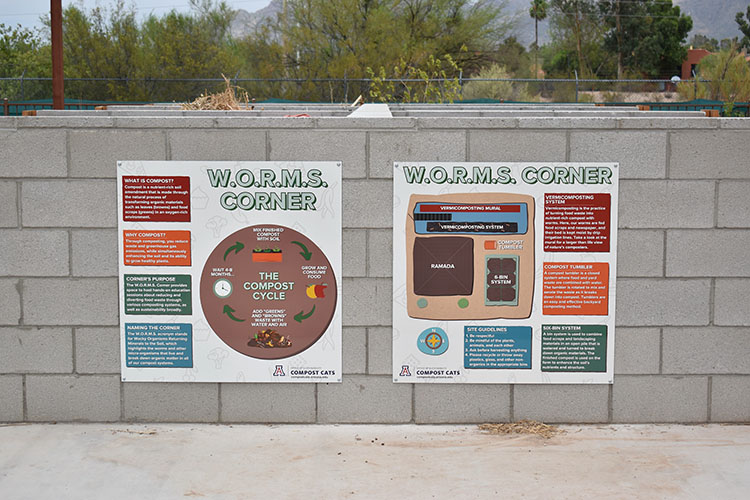 Two signs hung on the wall of a compost area explain the compost cycle and provide a map of the features at the farm