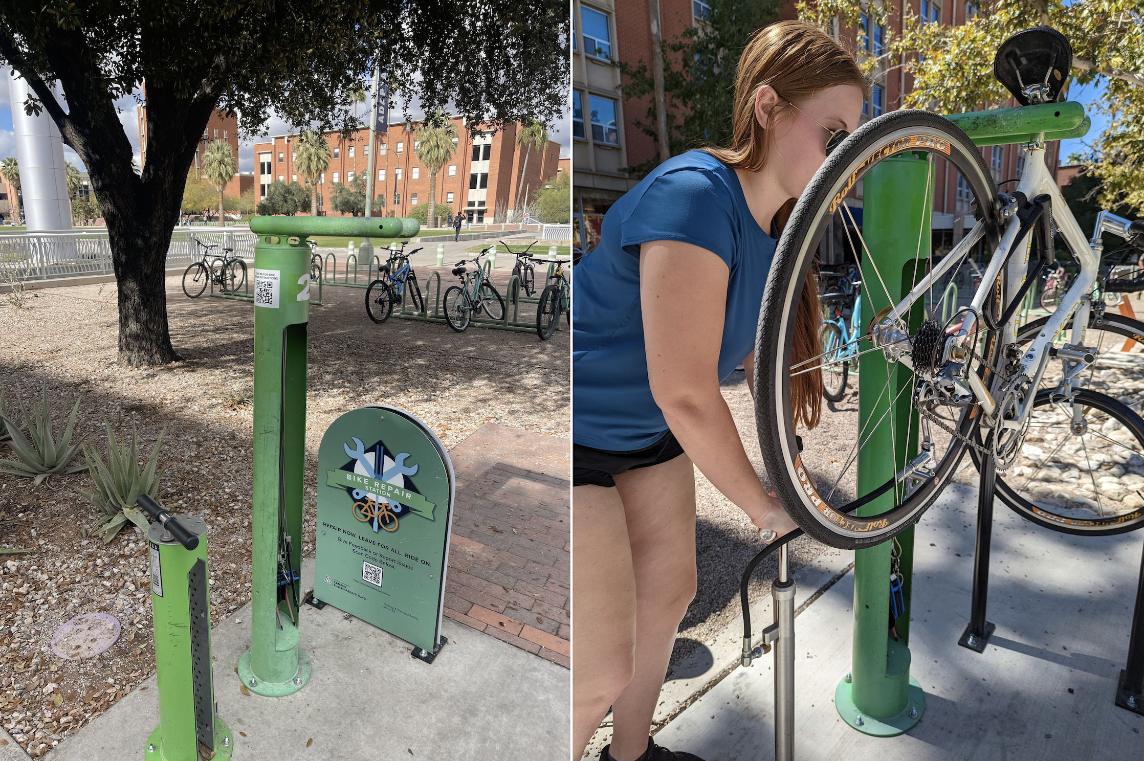 Left: One of the four newly repaired self-service bike stations. Right: A student using the self-service bike station to pump air into their tires.  ​