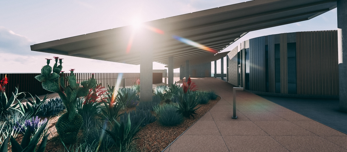 Computer render of solar panels and a green roof on the top of the ENR2 Building on campus. 