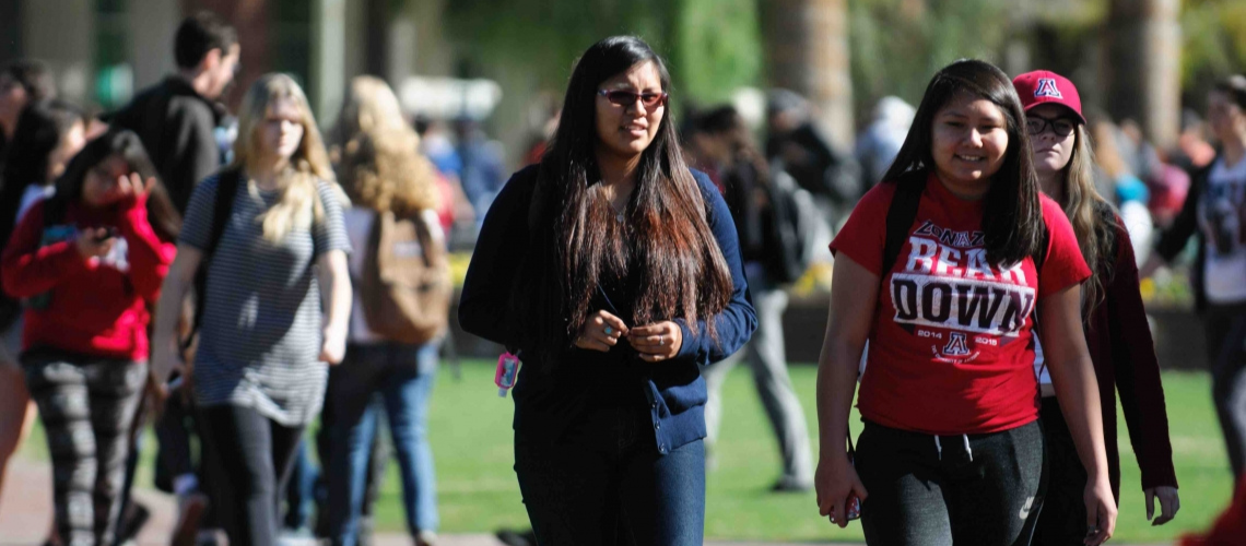 Several students walk along a busy pathway 