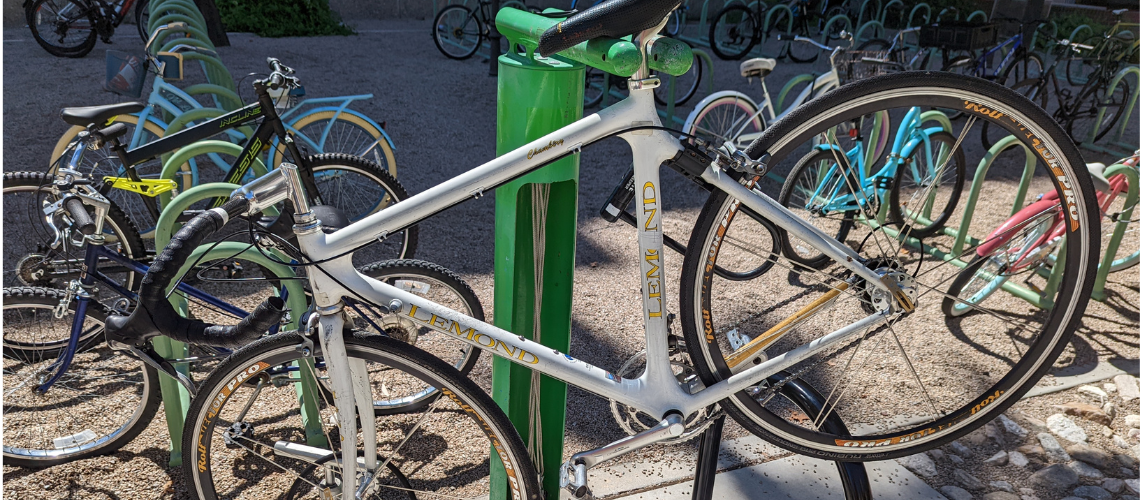 A bike on one of the new self-repair bike stations.