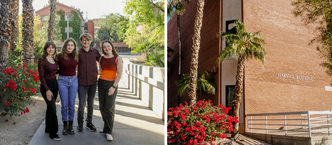 two images side by side: four students pose together for the camera; on the right, a brick wall of the Harvill building surrounded by plants and trees