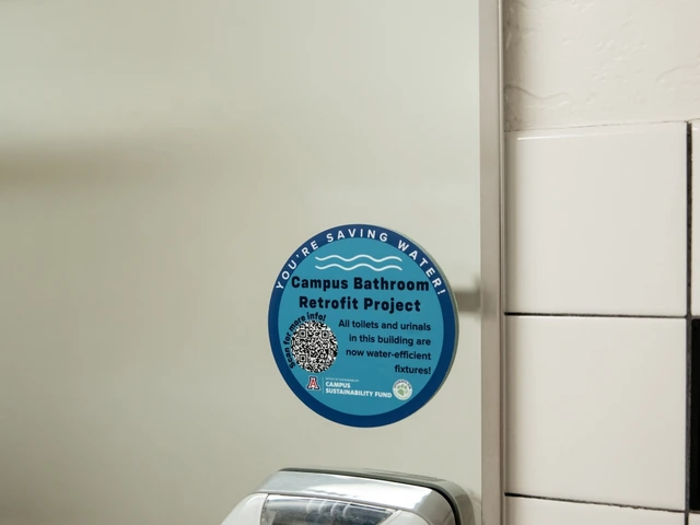 A blue circular sticker that is placed on a bathroom mirror on top of a soap dispenser. The sticker itself contains information for the Koffler Bathroom Retrofit Project. 