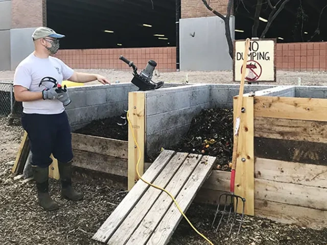 Compost Cat Bucket Program employee looking at a three-bin compost system.