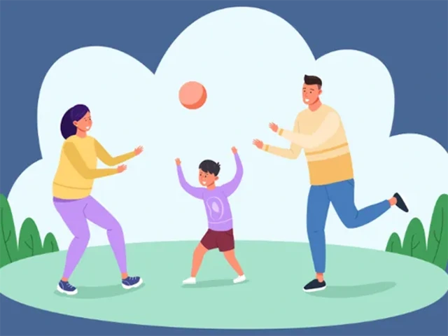 Artwork of people playing ball in a park.