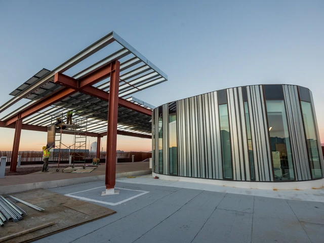 solar panel structure with sunrise in background