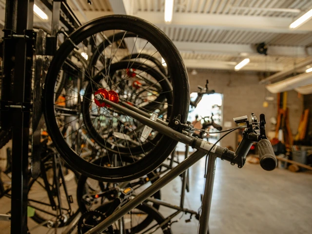 A close up of a bike that is hung up on a bike rack. 
