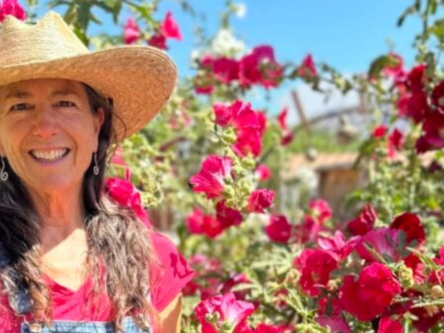 A woman stands in front of several hollihock plants