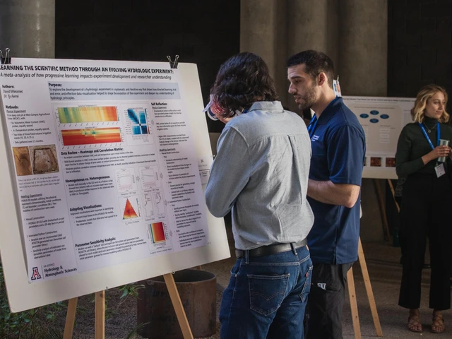 Two people looking at a poster titled "Learning the scientific method through an evolving hydrologic experiment"