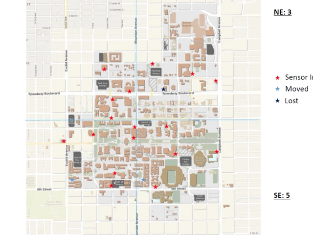 Map showing where the final locations of the sensors are placed around campus. 