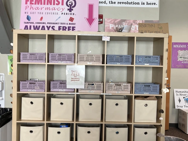 The pharmacy offers many personal hygiene and health products, each in its own cubby. The sign reads "Always free."