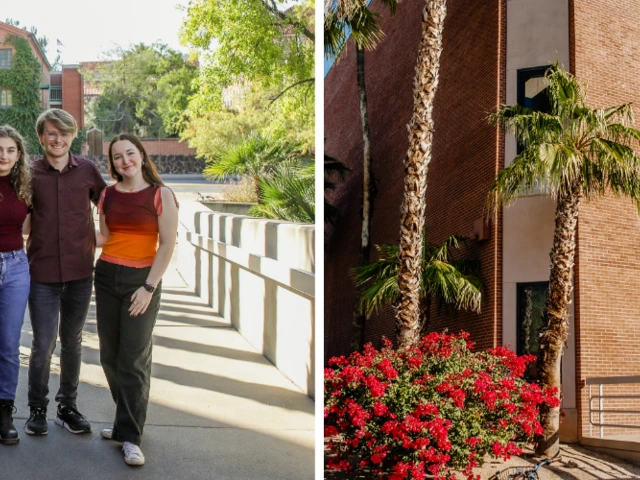two images side by side: four students pose together for the camera; on the right, a brick wall of the Harvill building surrounded by plants and trees