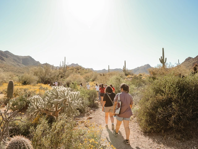 A group of people walking in a line outside in a desert area. 
