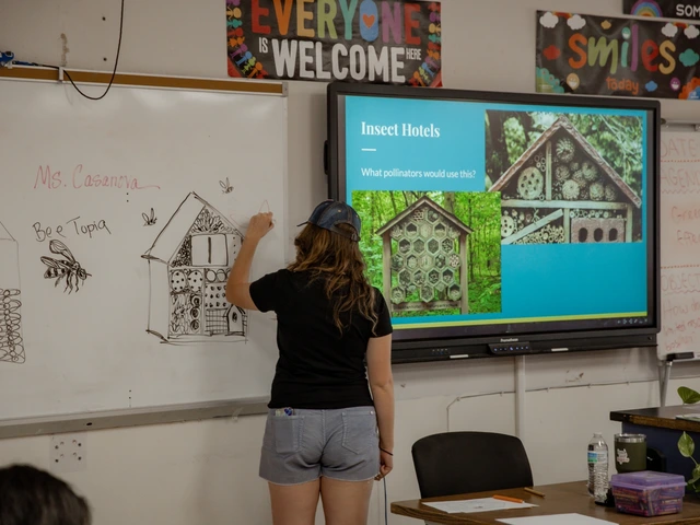 A person writing on a whiteboard that is next to a projector screen.