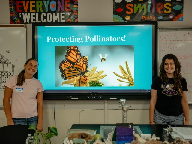 Two people standing on opposite sides of a projector screen smiling.