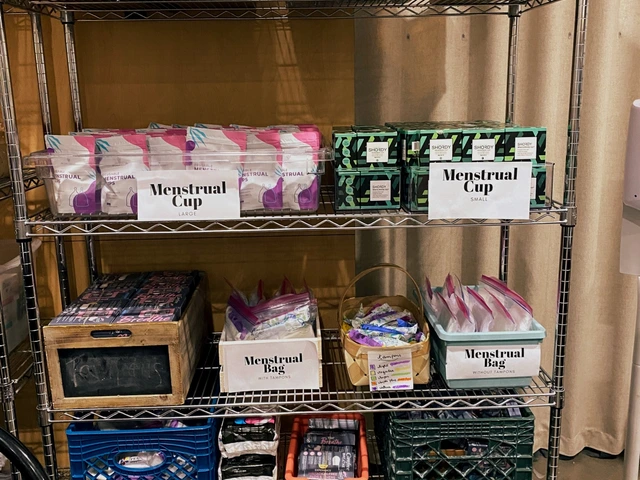 A storage rack that includes multiple bins of menstrual cups.