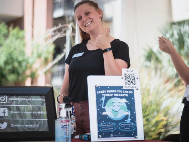 Campus Sustainability Fund committee member, Madison Gerdes, at the Office of Sustainability table in front of a poster listing 4 easy things to do to help the Earth - Walk & Bike More, Buy Secondhand, Eat More Plants, and Compost. The image also includes all the social links of Office of Sustainability.