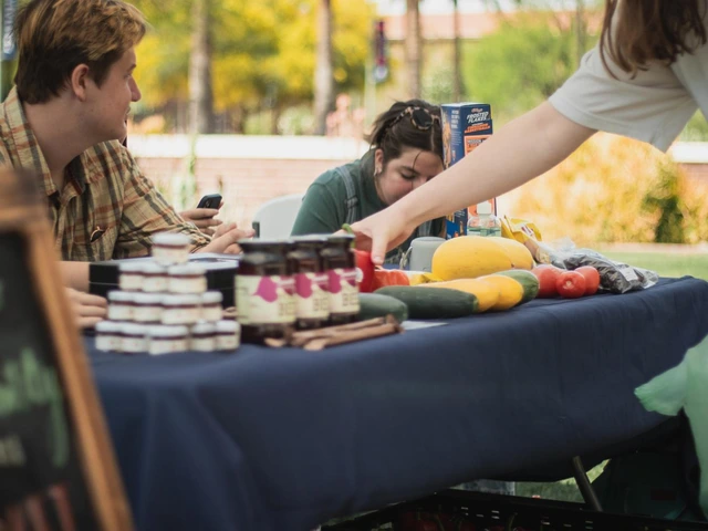 Jam, preserves, and squash are displayed on the table for sale. 