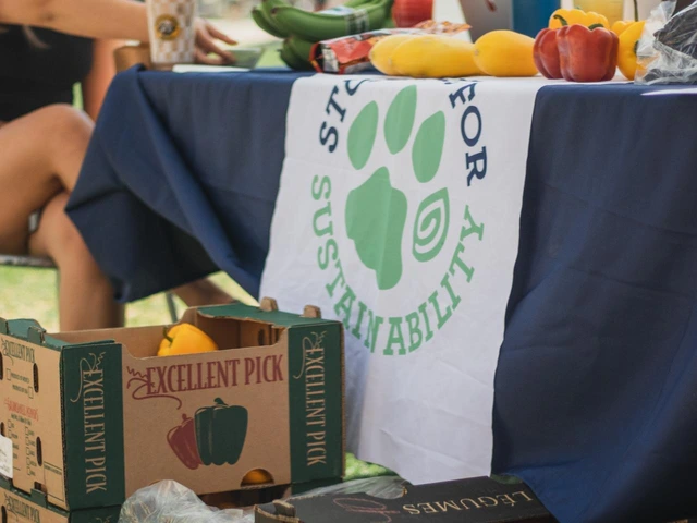 Produce and snacks are presented on the table for the market. The Student's for Sustainability logo is draped on the table.