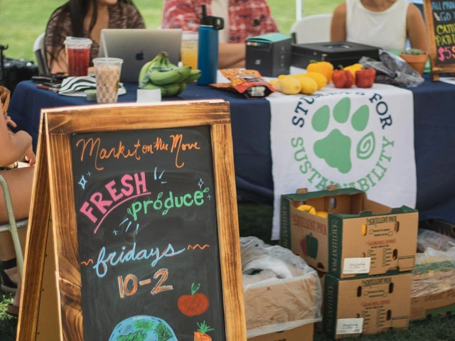 A sign reads "Market on the Move: Fresh Produce, Fridays 10-2" in front of a few boxes of produce. 