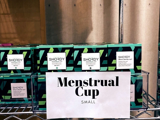 A bin of menstrual cups labeled "small".