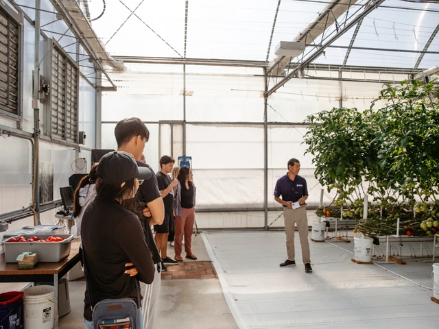 A group of people are standing together listening to another person talk in front of them; they are all inside a greenhouse.