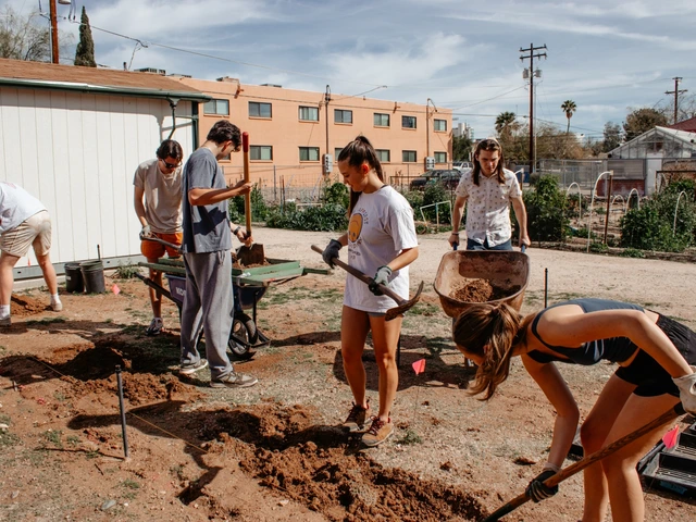 A group of people holding shovels and digging.