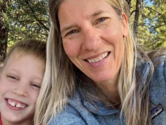 Sabrina Helm and her son sit together in a wooded area smiling