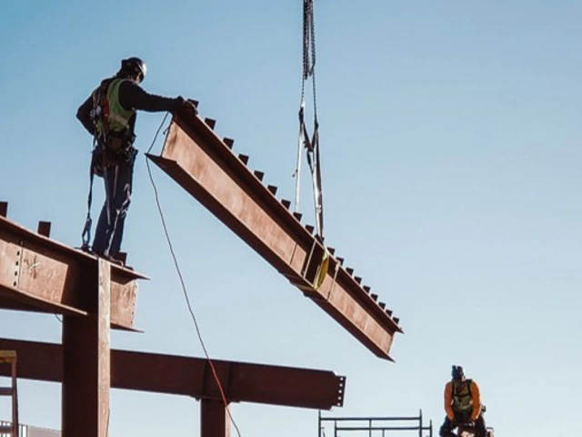 Construction workers lower a steel beam into place. 