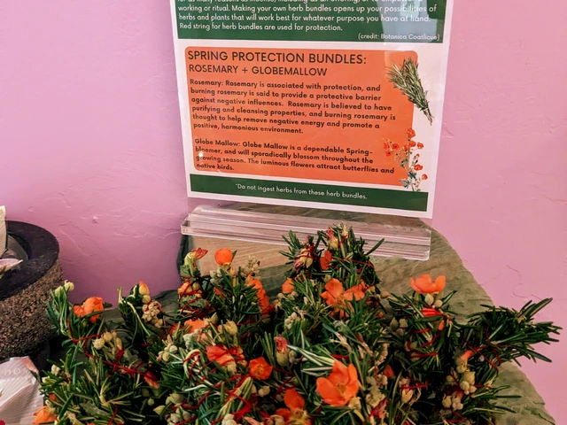 Multiple spring-protection herb bundles on a circular basket. A sign is shown behind the herbs.
