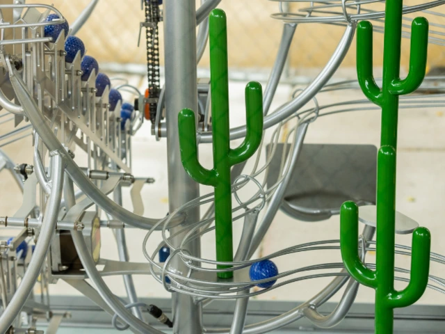 Blue golf balls roll down track behind miniature saguaros in a ball machine display.