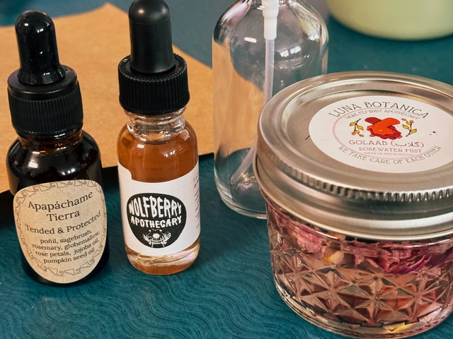 Two droppers filled with different oils and herbs are next to each other. There is a small glass jar next to the two droppers that is filled with water and rose petals. A glass spray bottle is standing behind the jar and droppers.