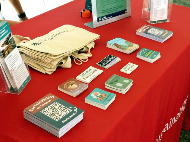 Outreach material that is placed on a table covered in red cloth.