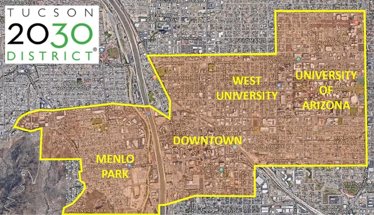 Map of Tucson with highlighted boundary and labels of neighborhoods in the Tucson 2030 District.