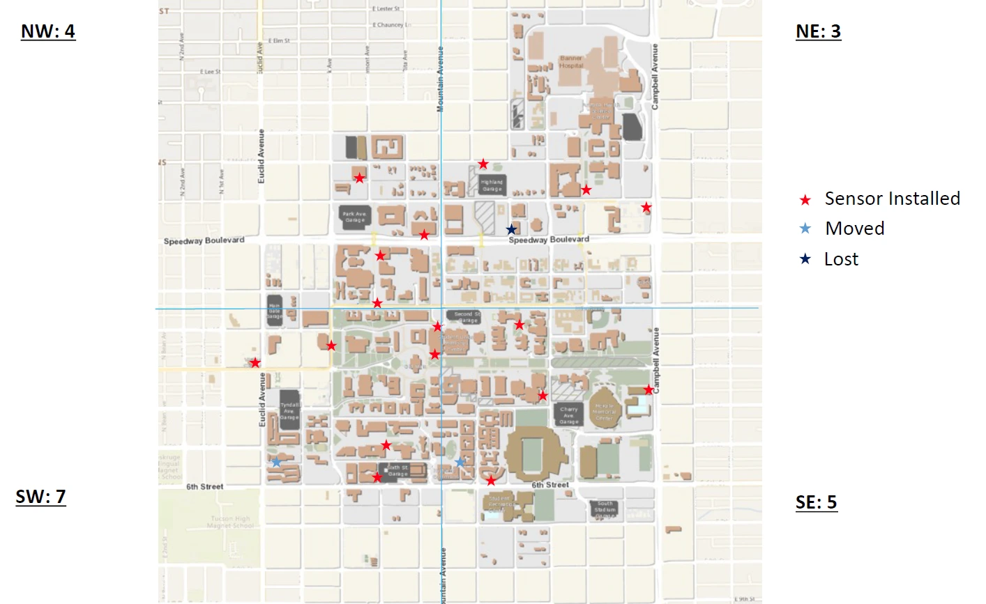 Map showing where the final locations of the sensors are placed around campus. 