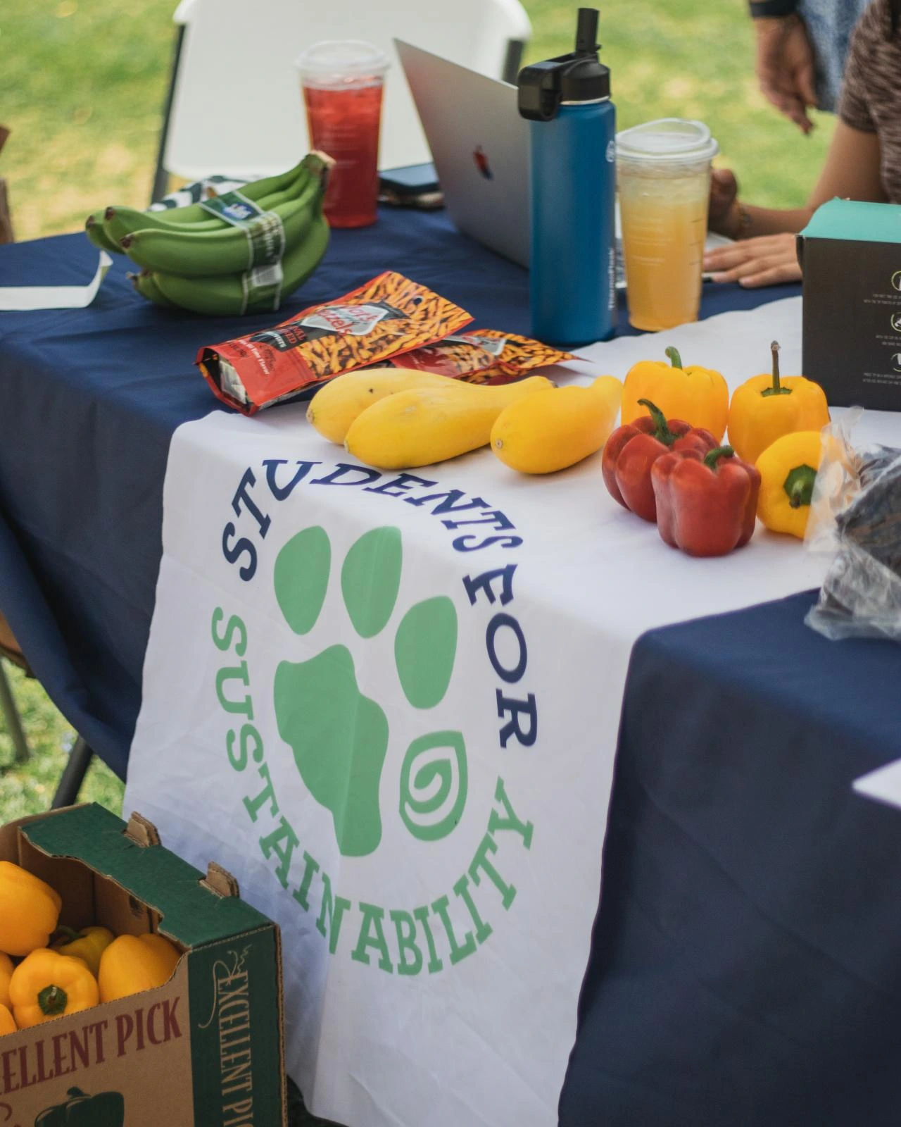 Produce and snacks are presented on the table for the market. The Student's for Sustainability logo is draped on the table.