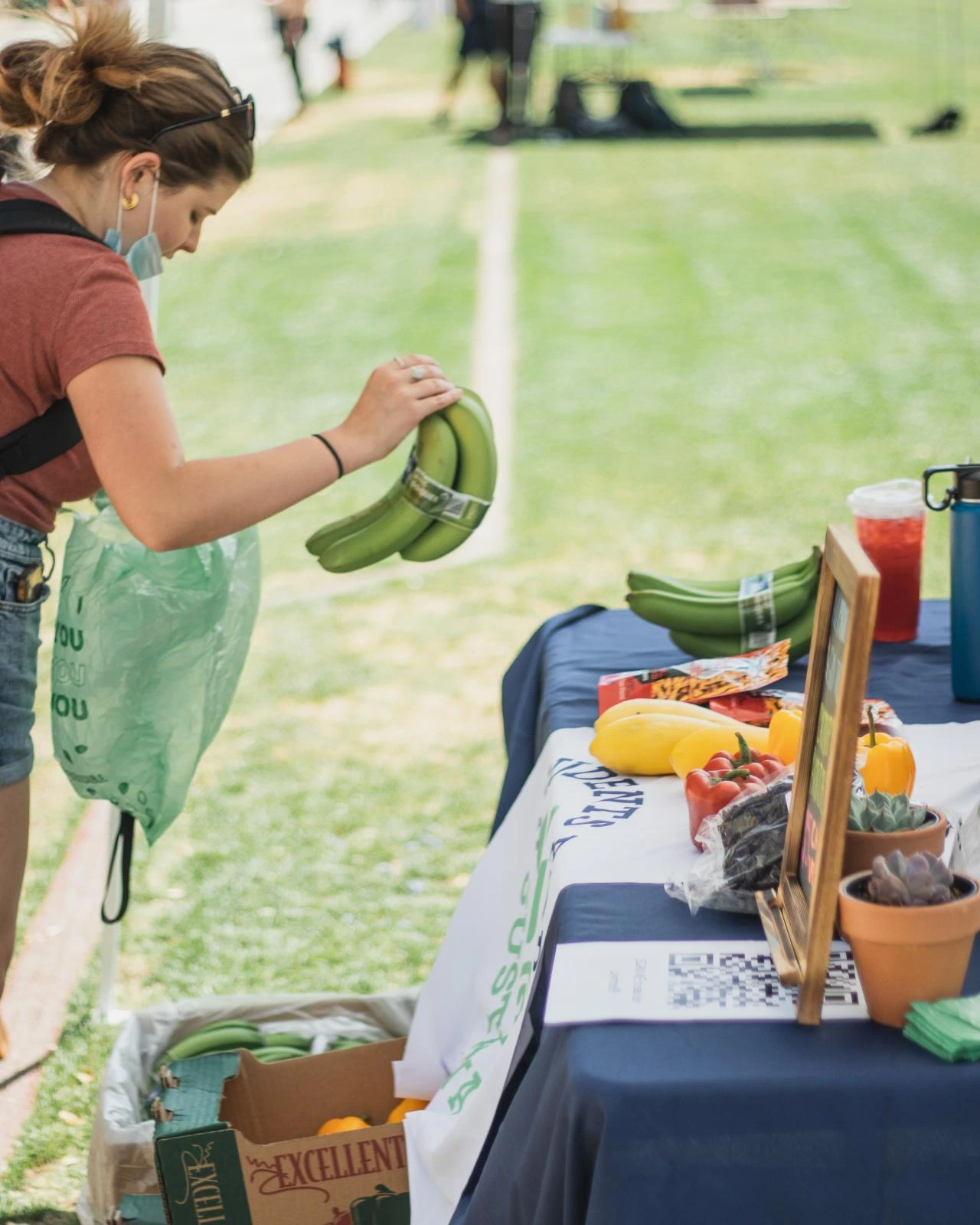 A student purchases a bunch of bananas from the market. 