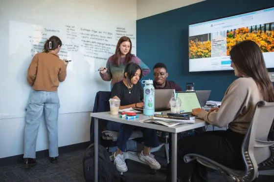 A group of students working on a project around a table. Using a whiteboard and laptops.
