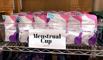 A bin of large menstrual cup bags.